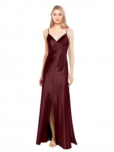 Sleeveless V-Neck Stretch Satin Burgundy Gold Long Bridesmaid Dress / Evening Dress Adelaide