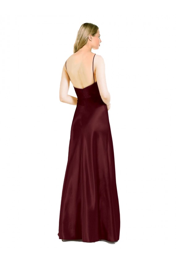 Sleeveless V-Neck Stretch Satin Burgundy Gold Long Bridesmaid Dress / Evening Dress Adelaide
