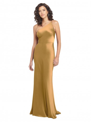 Sleeveless One Shoulder Stretch Satin Gold Long Formal Evening Gown / Prom Dress / Bridesmaid Dress Adelaide