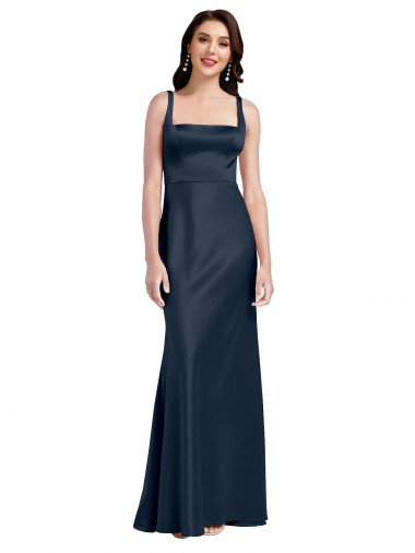 Sleeveless Square Neck Stretch Satin Dark Navy Long Formal Evening Gown / Prom Dress / Bridesmaid Dress Adelaide