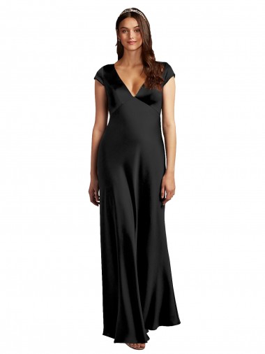 Cap Sleeves V-Neck Stretch Satin Black Long Formal Evening Gown / Prom Dress / Bridesmaid Dress Adelaide