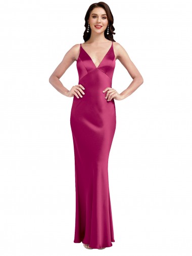 Sleeveless V-Neck Stretch Satin Fuchsia Long Formal Evening Gown / Prom Dress / Bridesmaid Dress Adelaide