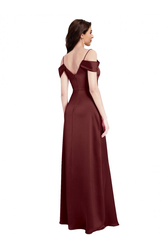 Sleeveless V-Neck Stretch Satin Burgundy Gold Long Formal Dress / Bridesmaid Dress Adelaide