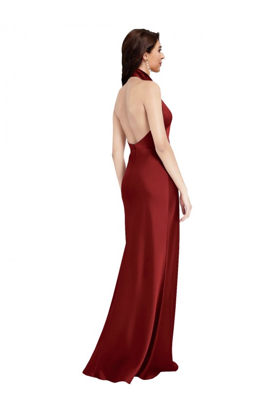 Sleeveless Halter Neck Stretch Satin Burgundy Long Black Tie Evening Gown / Prom Dress / Bridesmaid Dress Adelaide