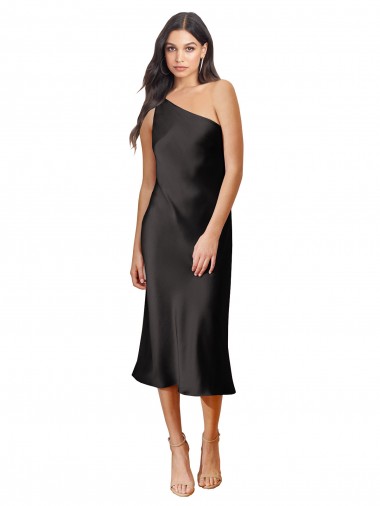 Sleeveless One Shoulder Stretch Satin Black Midi Length Black Tie Evening Dress / Prom Dress / Bridesmaid Dress Adelaide