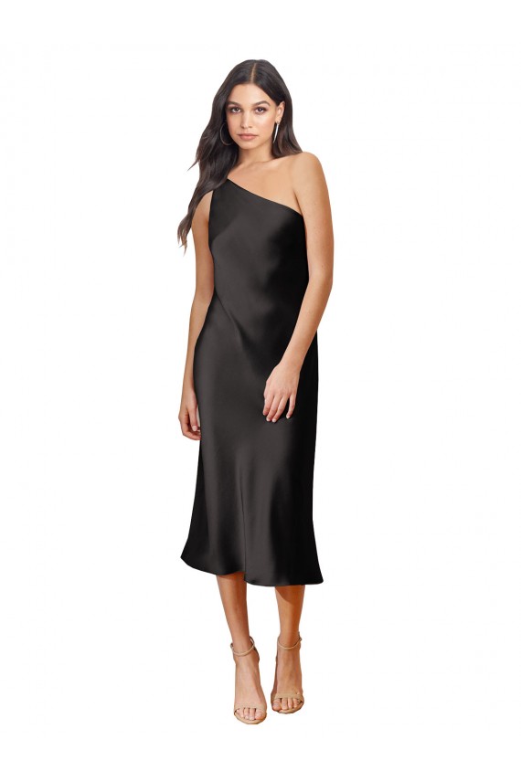 Sleeveless One Shoulder Stretch Satin Black Midi Length Black Tie Evening Dress / Prom Dress / Bridesmaid Dress Adelaide