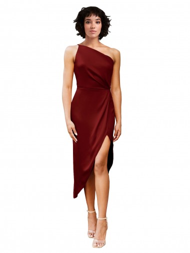 Sleeveless One Shoulder Stretch Satin Burgundy Midi Length Black Tie Evening Gown / Prom Dress / Bridesmaid Dress Adelaide