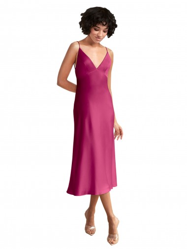 Sleeveless V-Neck Stretch Satin Fuchsia Midi Length Formal Evening Gown / Prom Dress / Bridesmaid Dress Adelaide