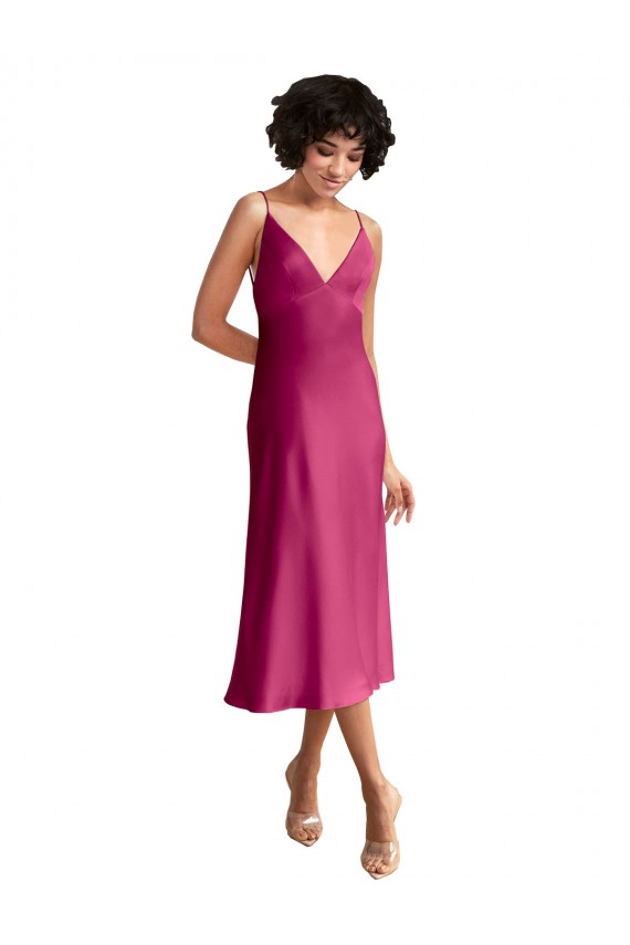 Sleeveless V-Neck Stretch Satin Fuchsia Midi Length Formal Evening Gown / Prom Dress / Bridesmaid Dress Adelaide