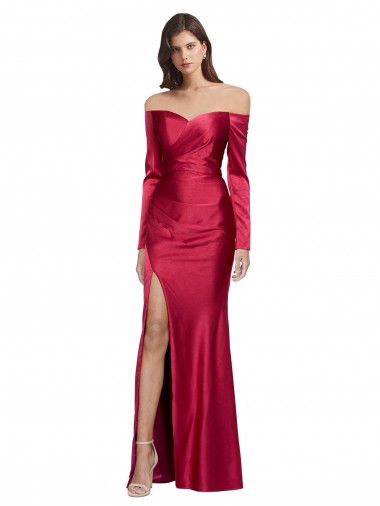 Long Sleeves Sweetheart Stretch Satin Dark Red Long Formal Evening Gown / Prom Dress / Bridesmaid Dress Adelaide