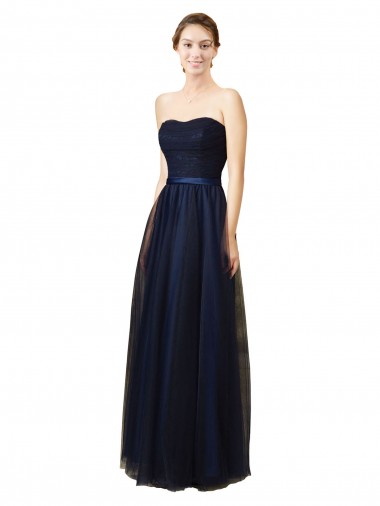 Sleeveless Strapless Tulle Dark Navy Long Bridesmaid Gown Adelaide