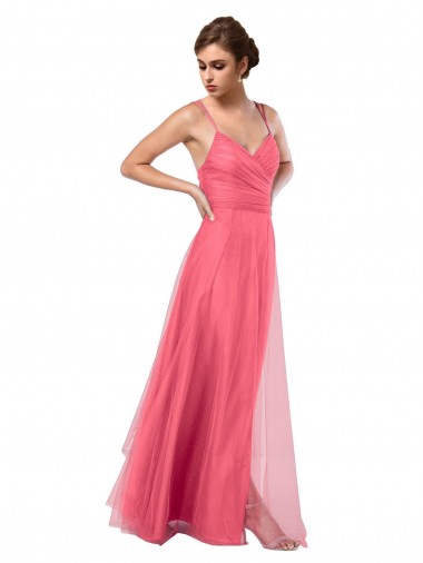 Sleeveless Spaghetti Straps Tulle Watermelon Long Bridesmaid Dress Adelaide
