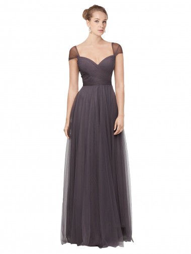 Cap Sleeves Sweetheart Tulle Pewter Long Bridesmaid Dress Adelaide