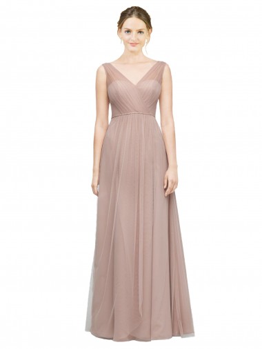 Sleeveless V-Neck Tulle Blush Long Bridesmaid Dress Adelaide