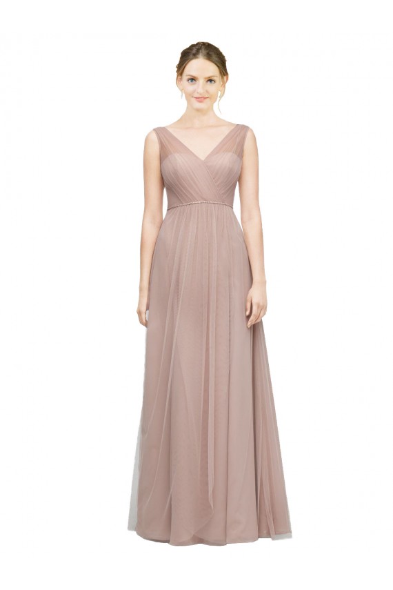 Sleeveless V-Neck Tulle Blush Long Bridesmaid Dress Adelaide