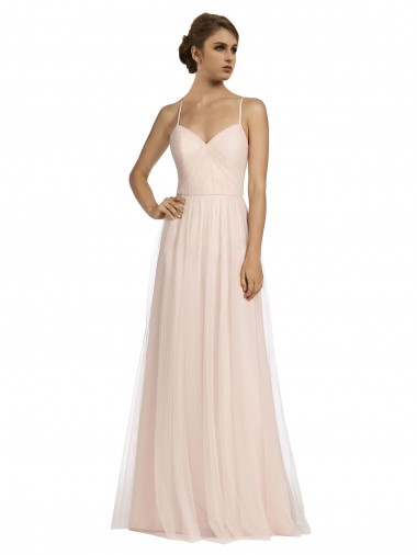 Sleeveless Spaghetti Straps Tulle Pink Long Bridesmaid Dress Adelaide