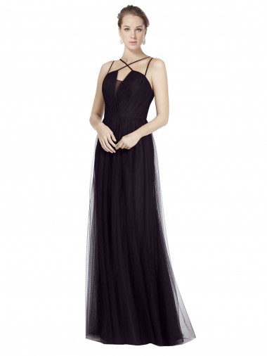 Sleeveless High Neck Tulle Black Long Bridesmaid Gown Adelaide