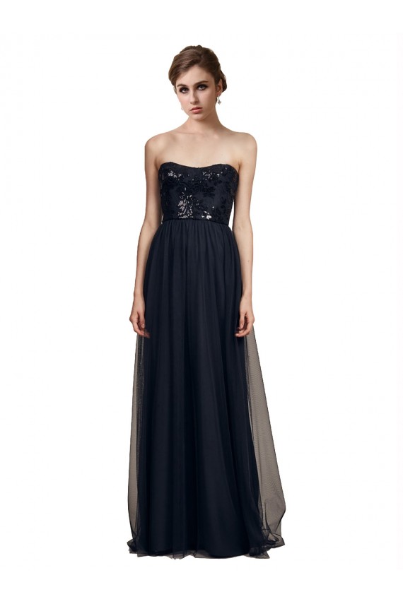 Sleeveless Strapless Tulle Black Long Bridesmaid Gown Adelaide