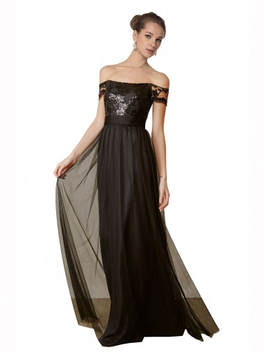 Sleeveless Off the Shoulder Tulle & Sequin Black Long Bridesmaid Dress Adelaide