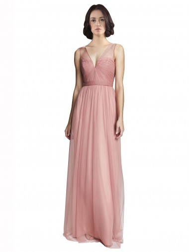 Sleeveless V-Neck Tulle Rose Pink Long Bridesmaid Dress Adelaide