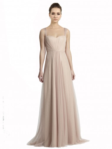 Sleeveless Square Neck Tulle Nude Long Bridesmaid Evening Dress Adelaide
