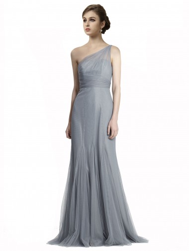 Sleeveless One Shoulder Tulle Slate Grey Long Bridesmaid Dress Adelaide