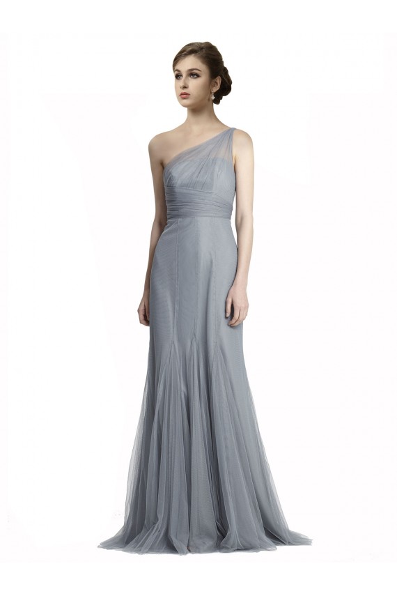 Sleeveless One Shoulder Tulle Slate Grey Long Bridesmaid Dress Adelaide
