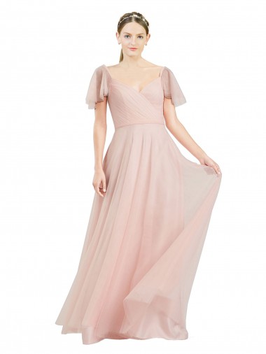 Flutter Sleeves V-Neck Tulle Pink Long Formal Dress / Bridesmaid Dress Adelaide