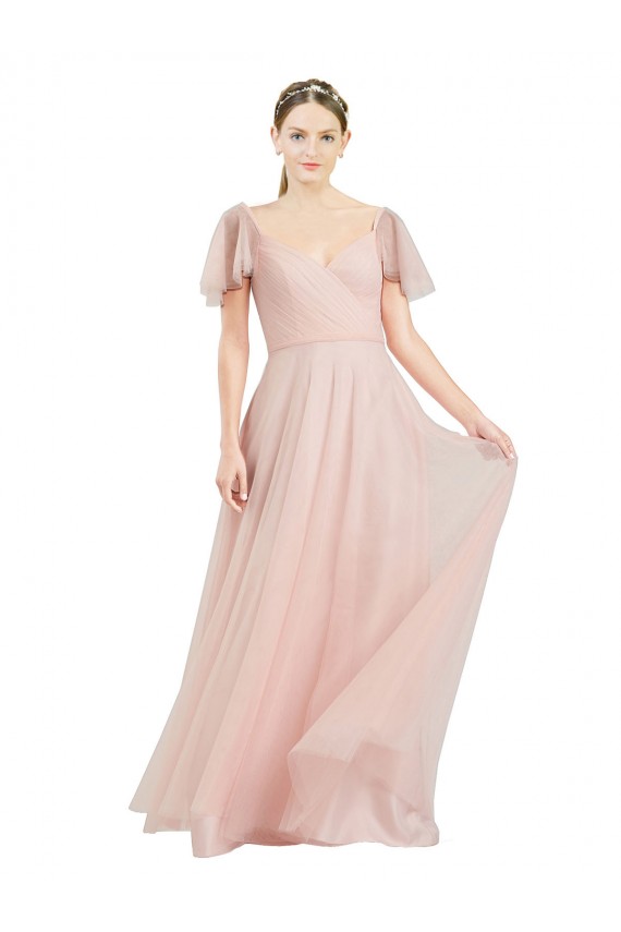 Flutter Sleeves V-Neck Tulle Pink Long Formal Dress / Bridesmaid Dress Adelaide