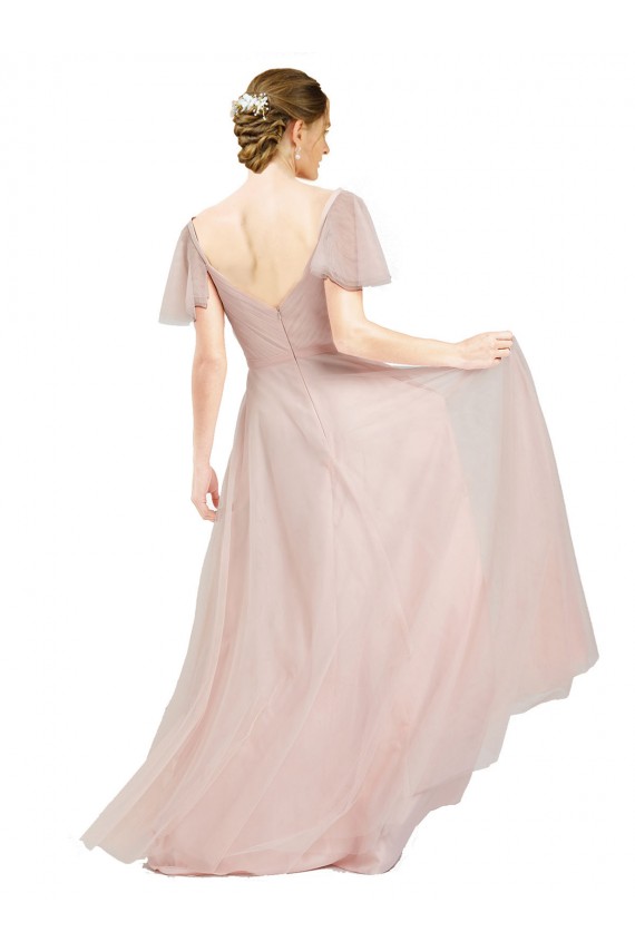 Flutter Sleeves V-Neck Tulle Pink Long Formal Dress / Bridesmaid Dress Adelaide