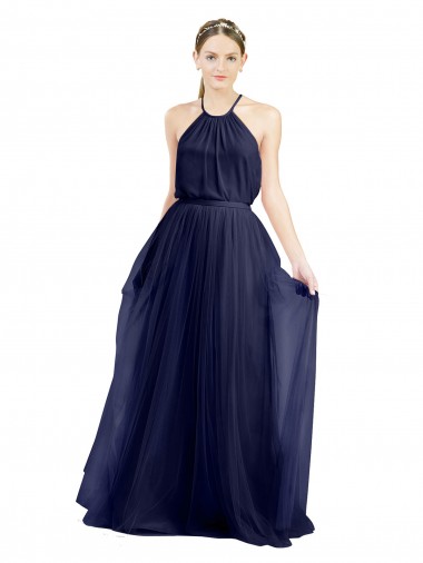 Sleeveless High Neck Tulle Navy Blue Long Semi Formal Evening Dress / Bridesmaid Dress Adelaide