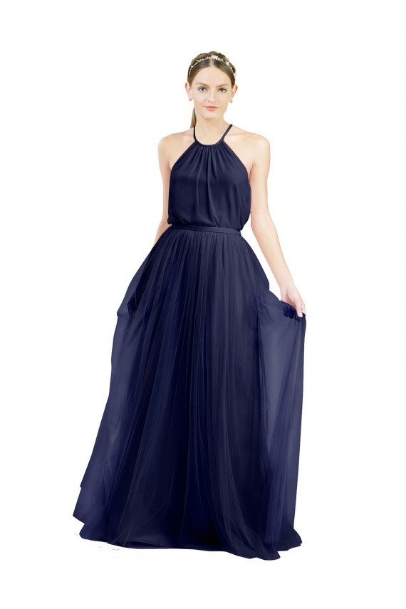 Sleeveless High Neck Tulle Navy Blue Long Semi Formal Evening Dress / Bridesmaid Dress Adelaide
