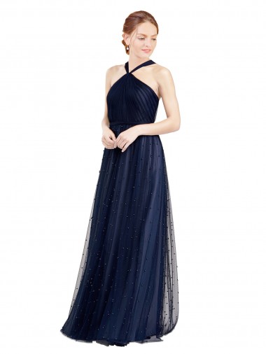 Sleeveless Halter Neck Tulle Navy Blue Long Bridesmaid Dress / Evening Dress Adelaide
