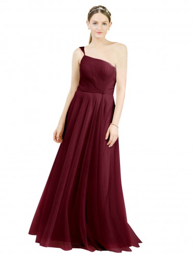 Sleeveless One Shoulder Tulle Burgundy Long Semi Formal Evening Dress / Bridesmaid Dress Adelaide