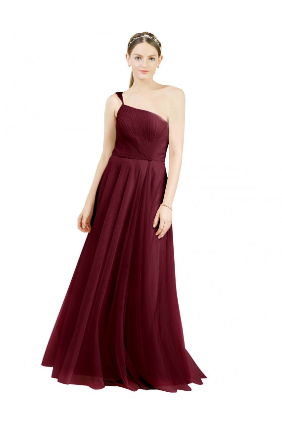 Sleeveless One Shoulder Tulle Burgundy Long Semi Formal Evening Dress / Bridesmaid Dress Adelaide