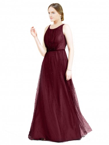 Sleeveless Boat Neck Tulle Burgundy Long Semi Formal Evening Dress / Bridesmaid Dress Adelaide