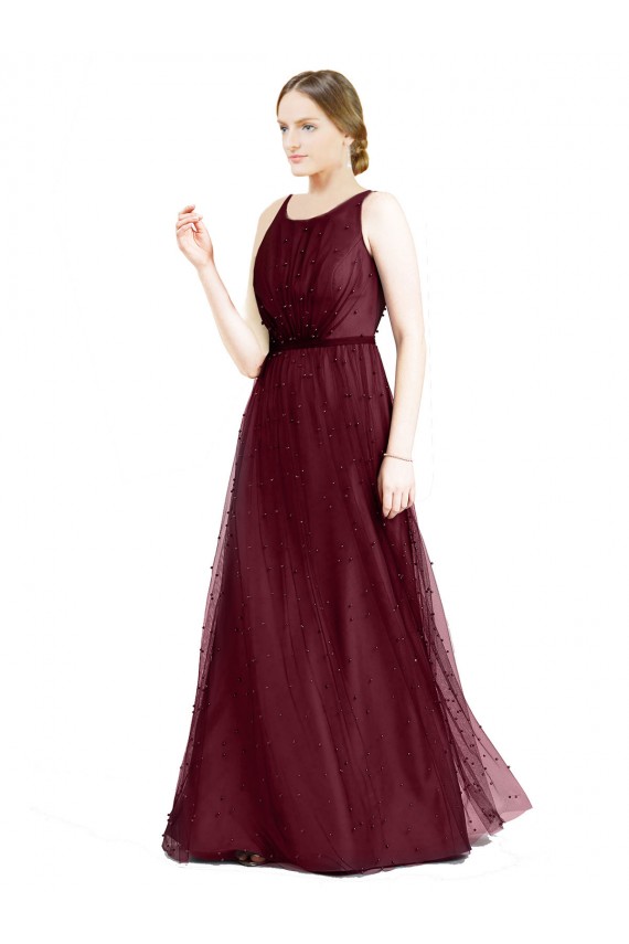 Sleeveless Boat Neck Tulle Burgundy Long Semi Formal Evening Dress / Bridesmaid Dress Adelaide