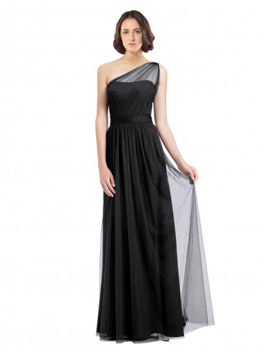Sleeveless One Shoulder Tulle Black Long Bridesmaid Dress Adelaide