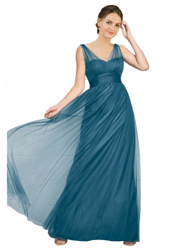 Sleeveless V-Neck Tulle Teal Green Long Bridesmaid Dress Adelaide