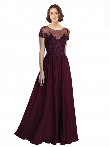 Cap Sleeves Jewel Neck Tulle & Soft Chiffon Burgundy Gold Long Bridesmaid Dress Adelaide