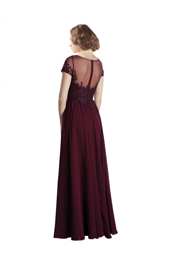 Cap Sleeves Jewel Neck Tulle & Soft Chiffon Burgundy Gold Long Bridesmaid Dress Adelaide