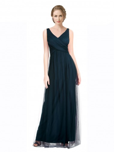 Sleeveless V-Neck Tulle Blue Long Bridesmaid Dress Adelaide