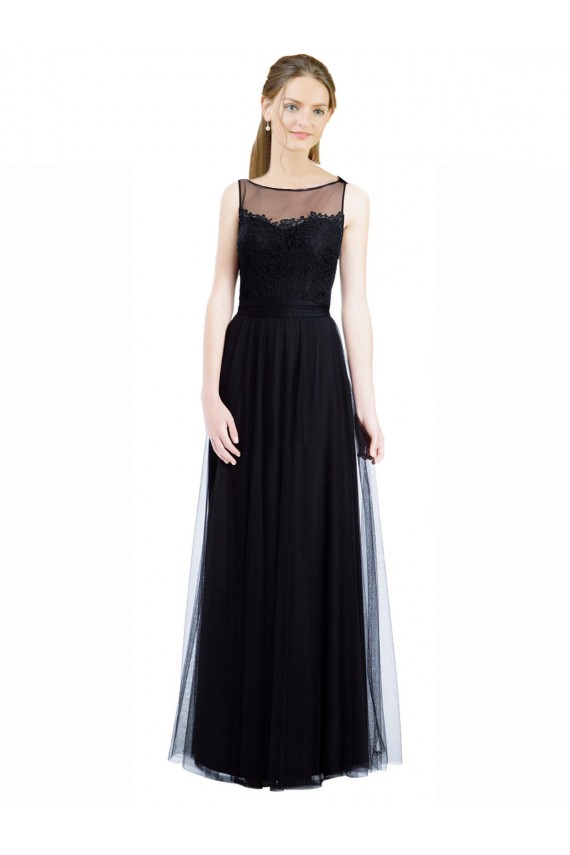 Sleeveless Illusion Neck Tulle & Lace Black Long Bridesmaid Dress Adelaide