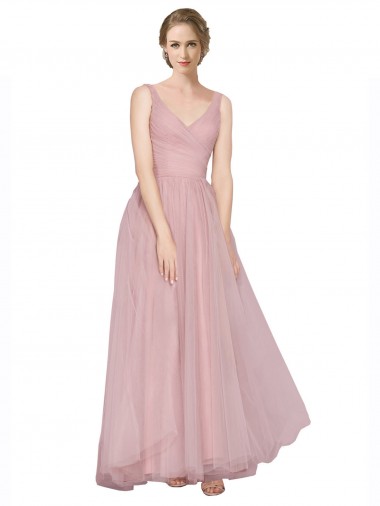 Sleeveless V-Neck Tulle Pink Long Bridesmaid Dress Adelaide
