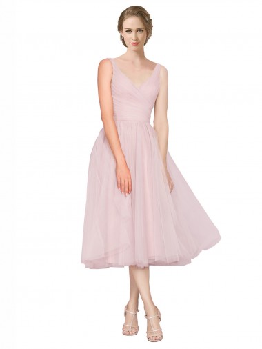 Sleeveless V-Neck Tulle Pink Tea Length Bridesmaid Dress Adelaide