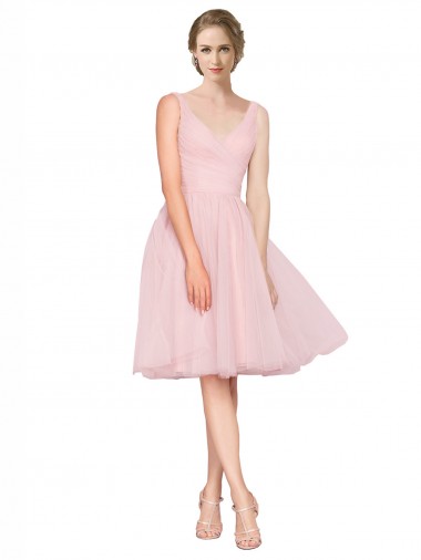 Sleeveless V-Neck Tulle Pink Knee Length Bridesmaid Gown Adelaide