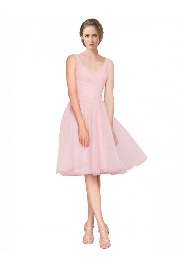 Sleeveless V-Neck Tulle Pink Knee Length Bridesmaid Gown Adelaide