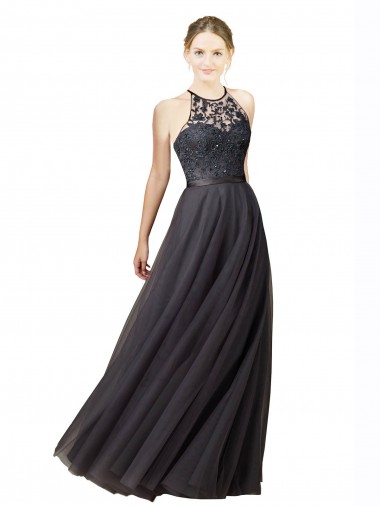 Sleeveless Sweetheart Tulle & Lace Slate Grey Long Bridesmaid Dress Adelaide