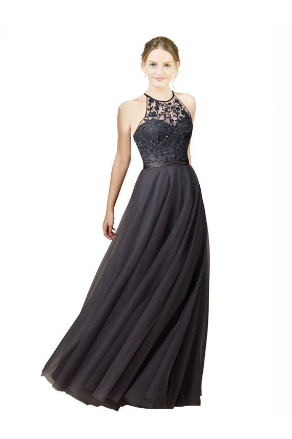 Sleeveless Sweetheart Tulle & Lace Slate Grey Long Bridesmaid Dress Adelaide