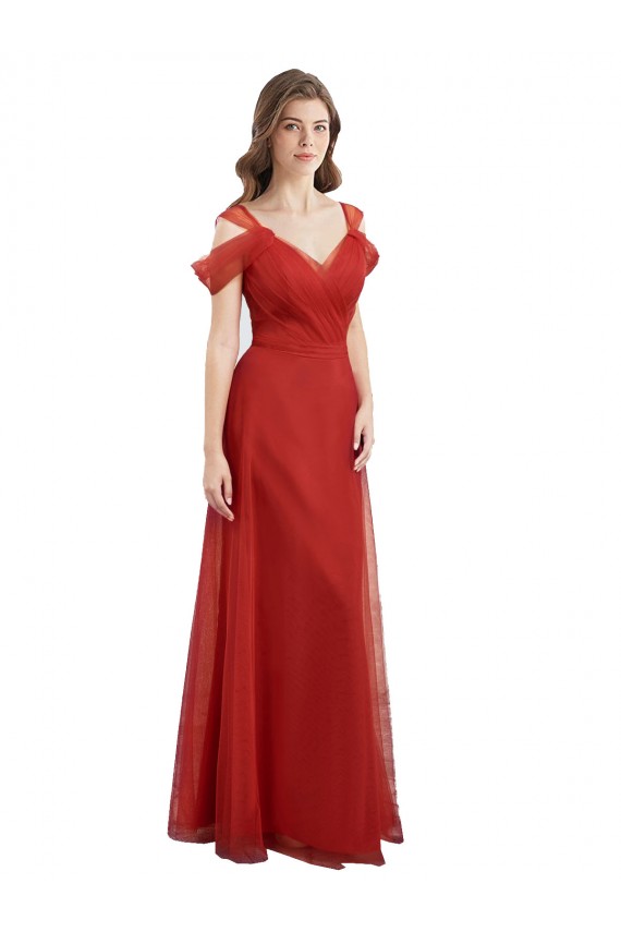 Cold Shoulder Sweetheart Tulle Red Long Formal Dress / Bridesmaid Dress Adelaide